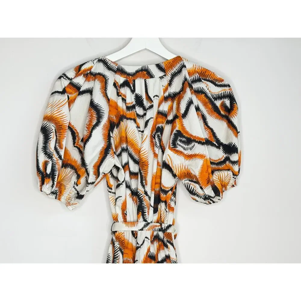 Willa Story Rachel Puff Sleeve V-Neck Babydoll Mini Dress Orange Black Womens XS - Picture 5 of 9